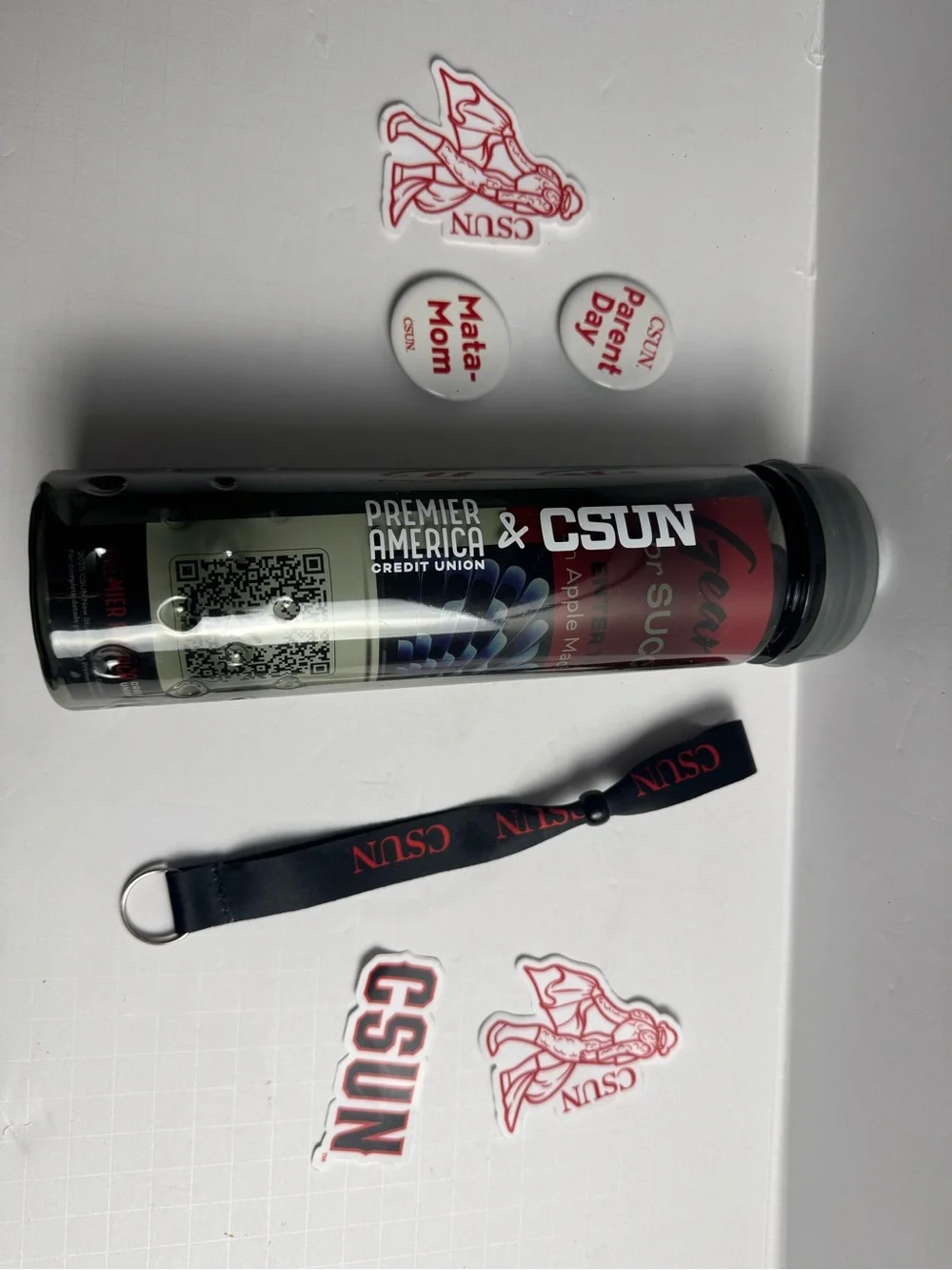 CSUN Swag lanyard, Water bottle, Pins, Stickers Cal Northridge